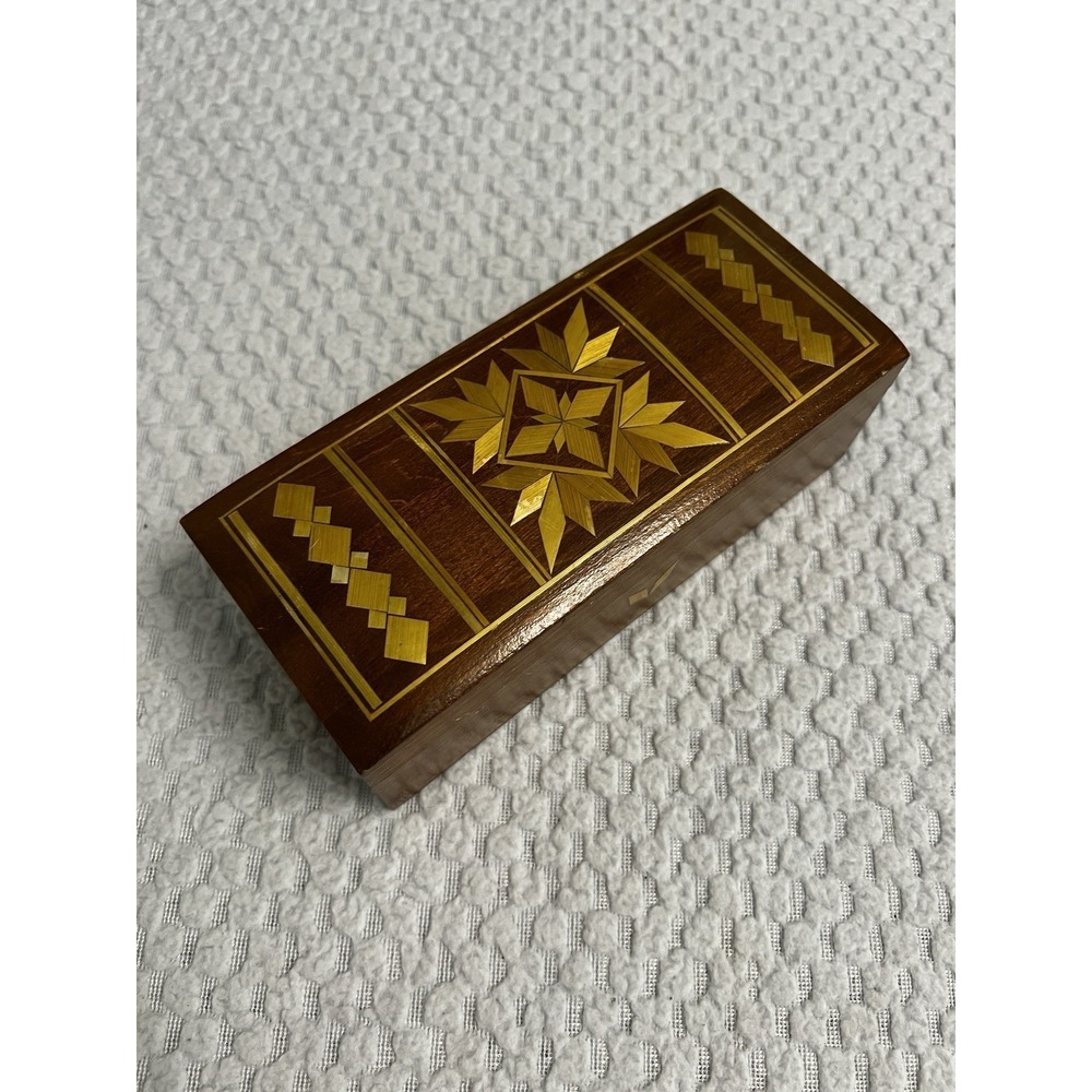 Vtg USSR Russian Inlaid Wood Jewelry Trinket Box Soviet Era‎ MCM Boho Handmade